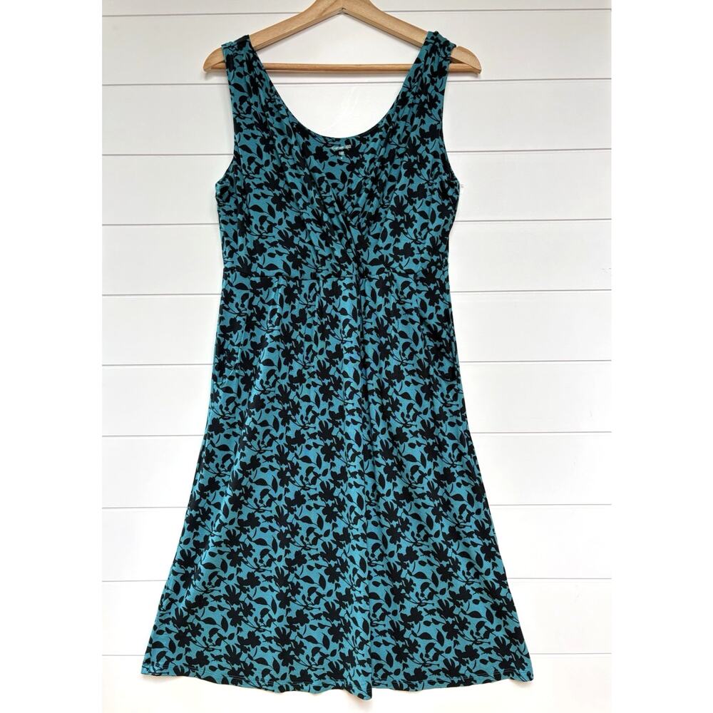 Garnet Hill Sleeveless Dress Teal Black Floral Stretch Surplice V-Neck A-line M
